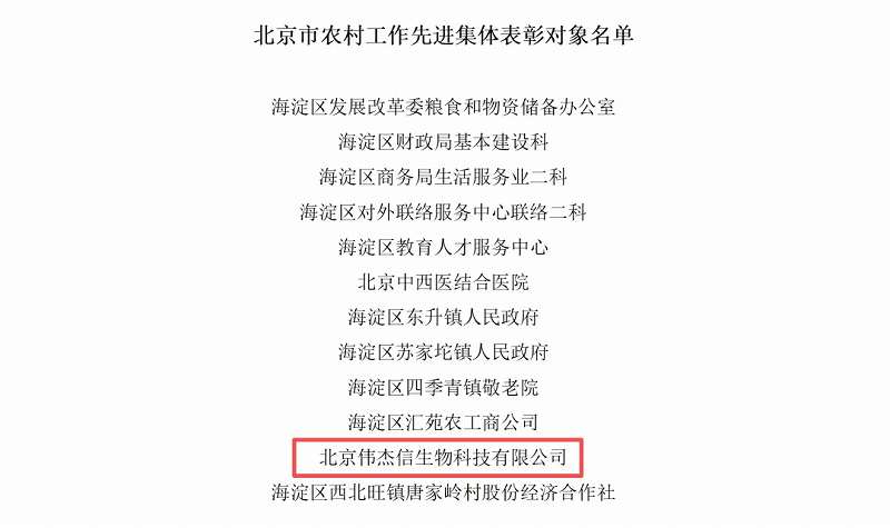 喜报！伟杰信生物荣获 “北京市农村工作先进集体” 称号